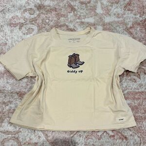 Life Is Good Beige Tee with Cowboy Boots Design